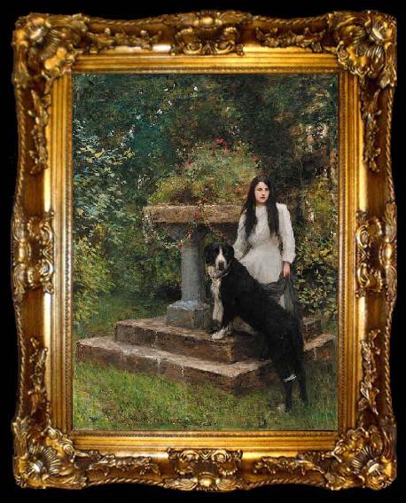 framed  Sir Hubert von Herkomer,RA,RWS A young girl and her dog, ta009-2